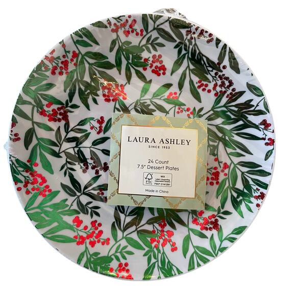 Laura Ashley Holiday Holly Berry Disposable Dessert Plates 7.5" 24 Count New - Picture 1 of 8